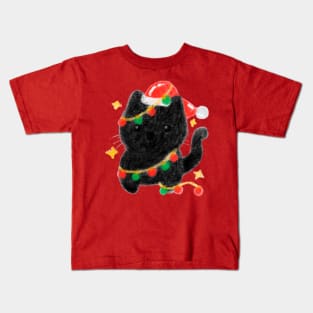 Black cat Santa with Christmas light Kids T-Shirt